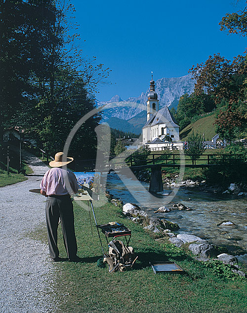 Maler mit Wallfahrtskirche St. Fabian und Sebastian, Ramsau, Bay