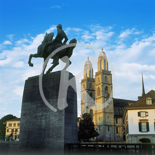 Grossmünster und Reiterstandbild Bürgermeister Hans Waldmann, Zü